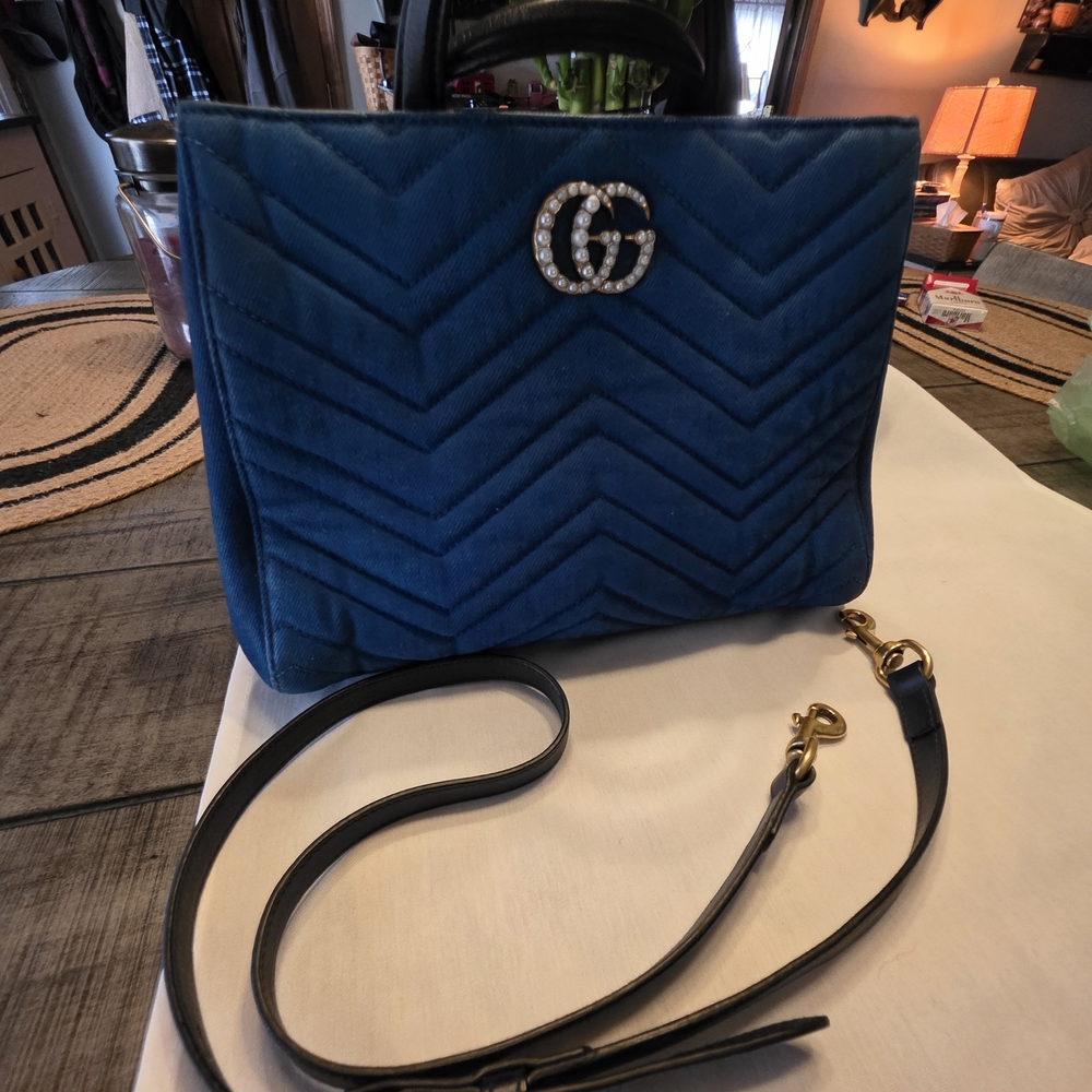 Gucci Blue DENIM GG Marmont Shoulder Bag - Picture 2 of 16